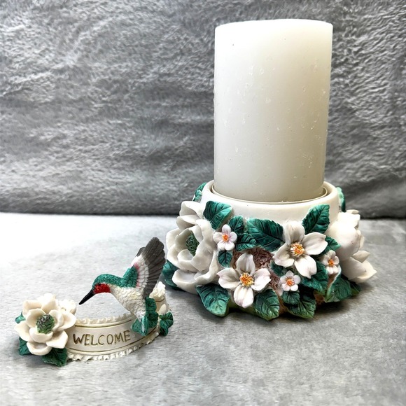 Hummingbird Floral Pillar Candle Holder Set Welcome Spring Decor Cottagecore VTG - Picture 2 of 9